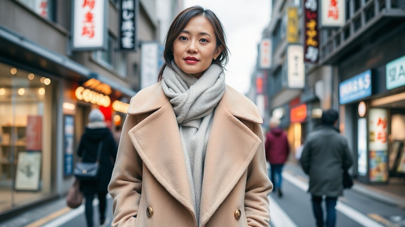 Woman in stylish Japan winter fashion on a street.