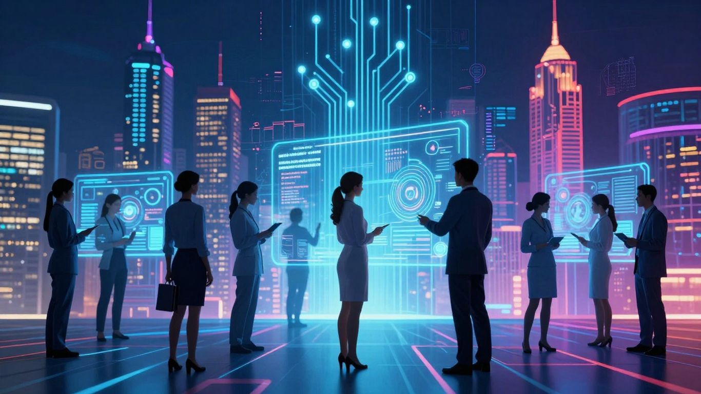 Digital health technology vision with futuristic cityscape and data.