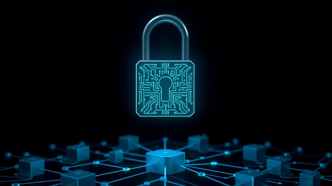 Digital padlock securing a blockchain network.