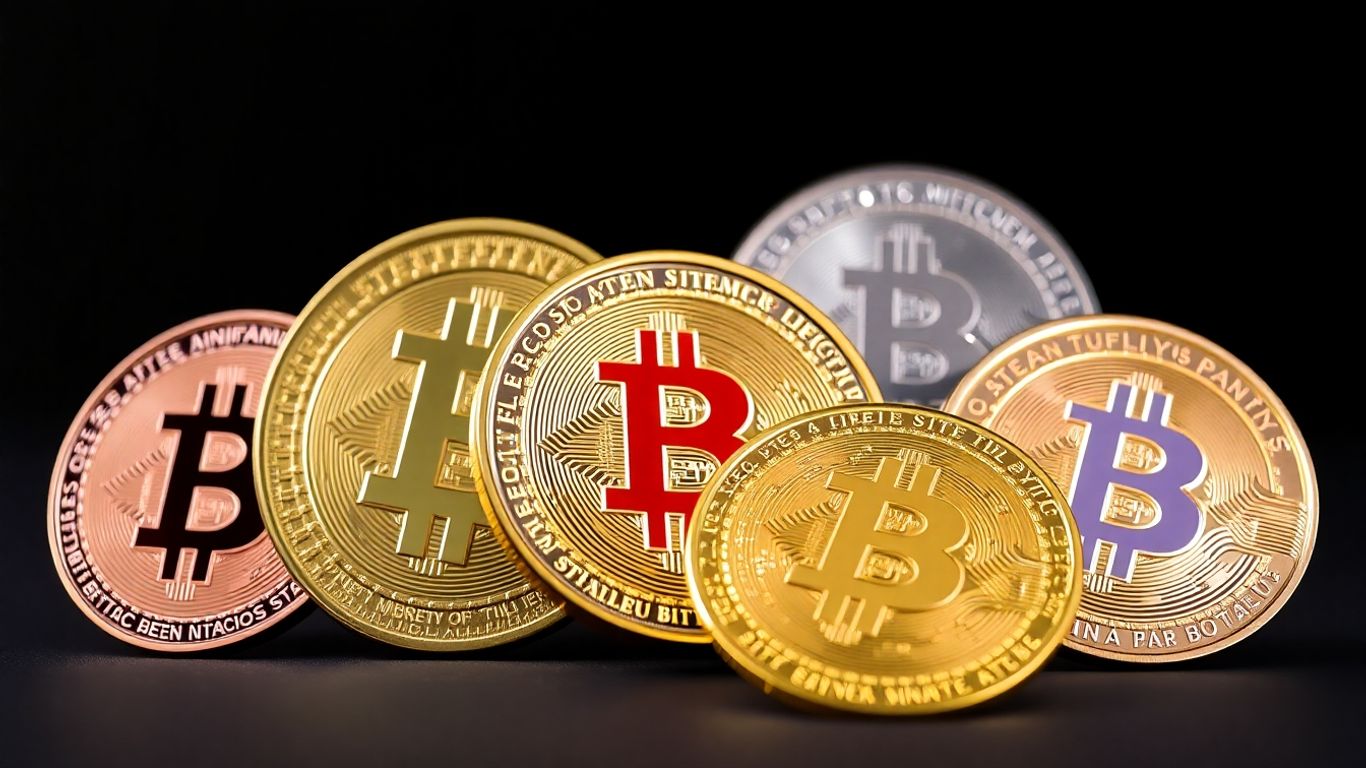 Cinco moedas de criptomoedas brilhantes em um fundo escuro.
