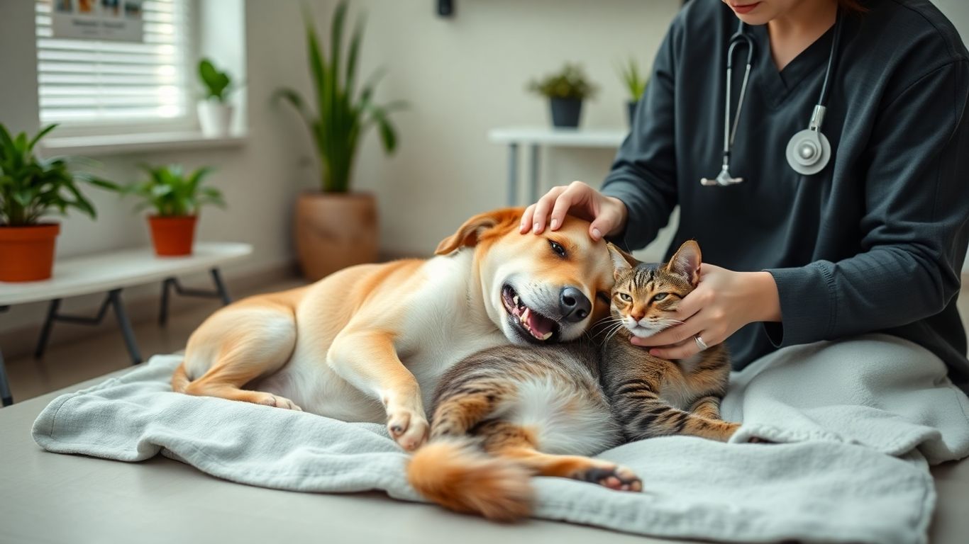 Calm vet caring for relaxed dog and cat together