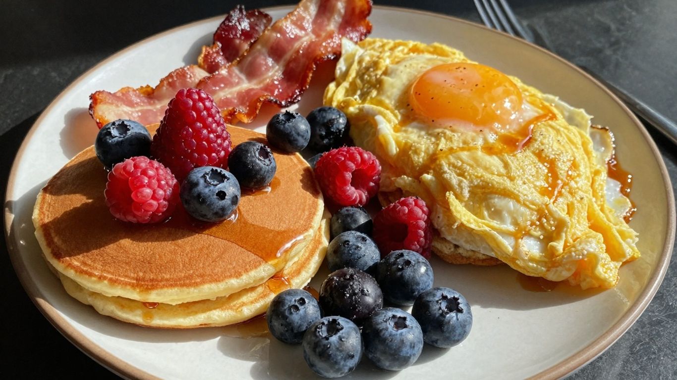 Another Broken Egg Cafe breakfast spread with pancakes and bacon.