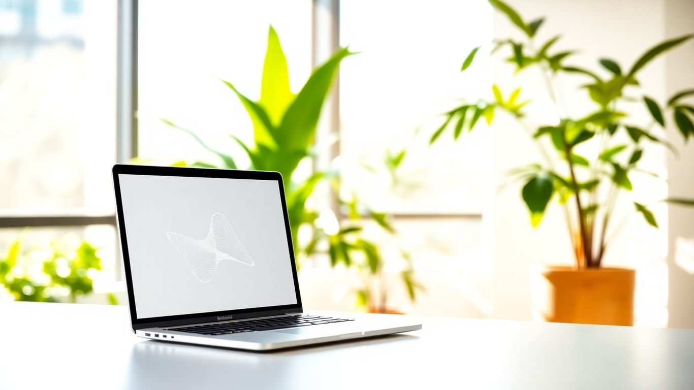 Modern office with laptop, plants, and digital pattern.