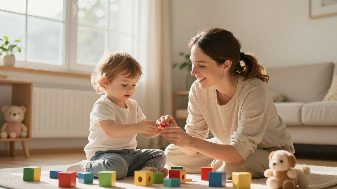 Parent and child learning together in a bright room.