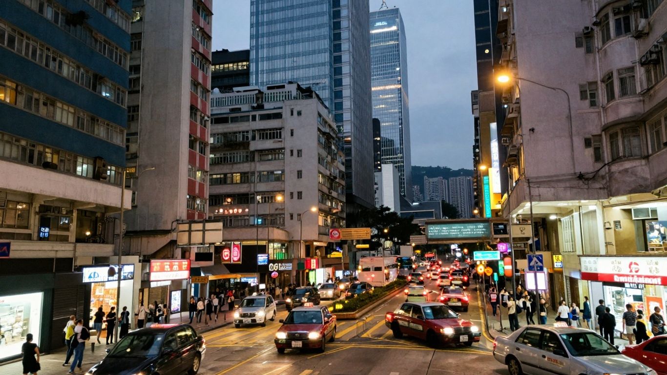Hong Kong street at dusk with neon lights and skyscrapers.