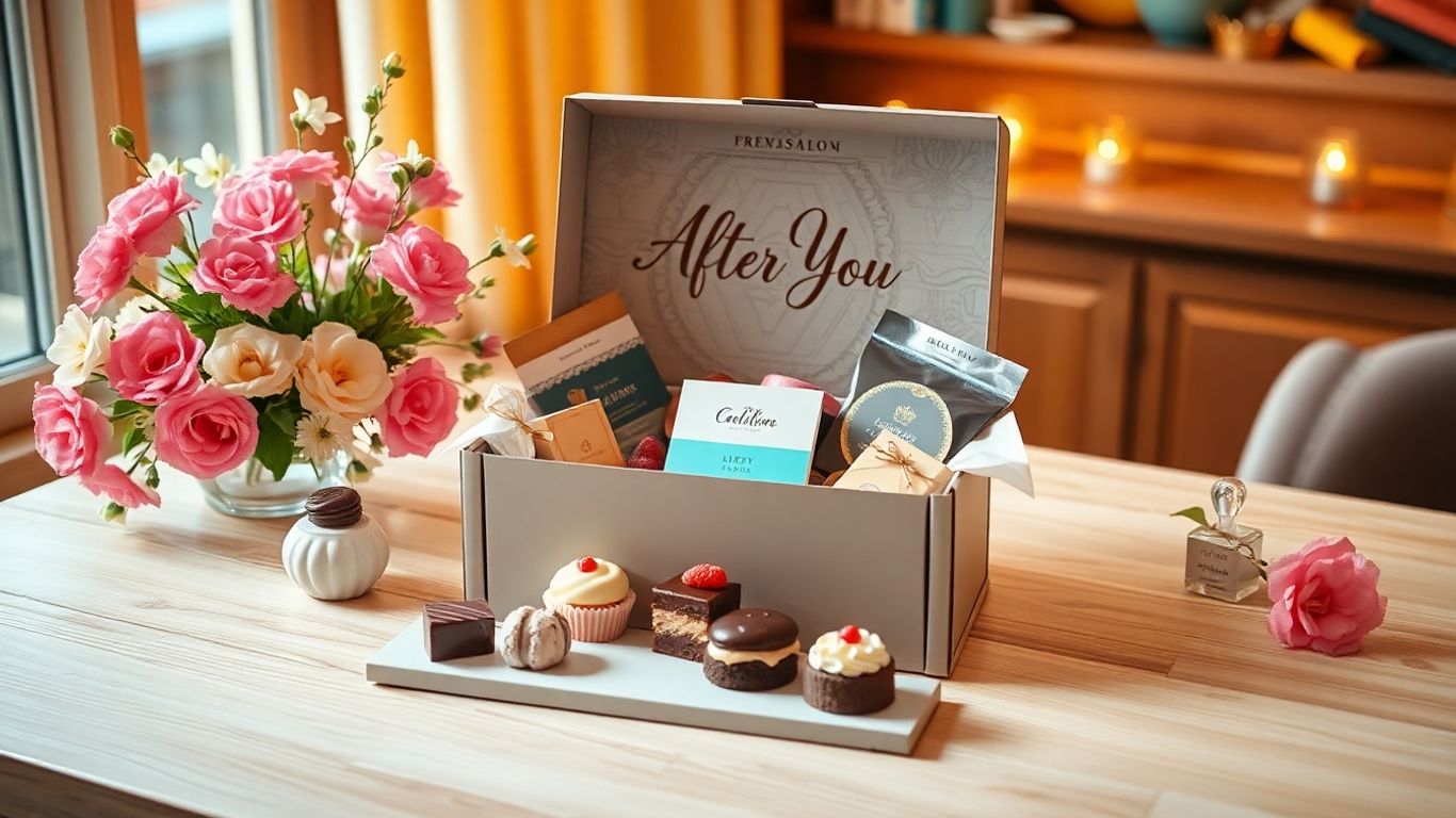 กล่องขนม After You พรีเมียมกับขนมหลากหลายบนโต๊ะ