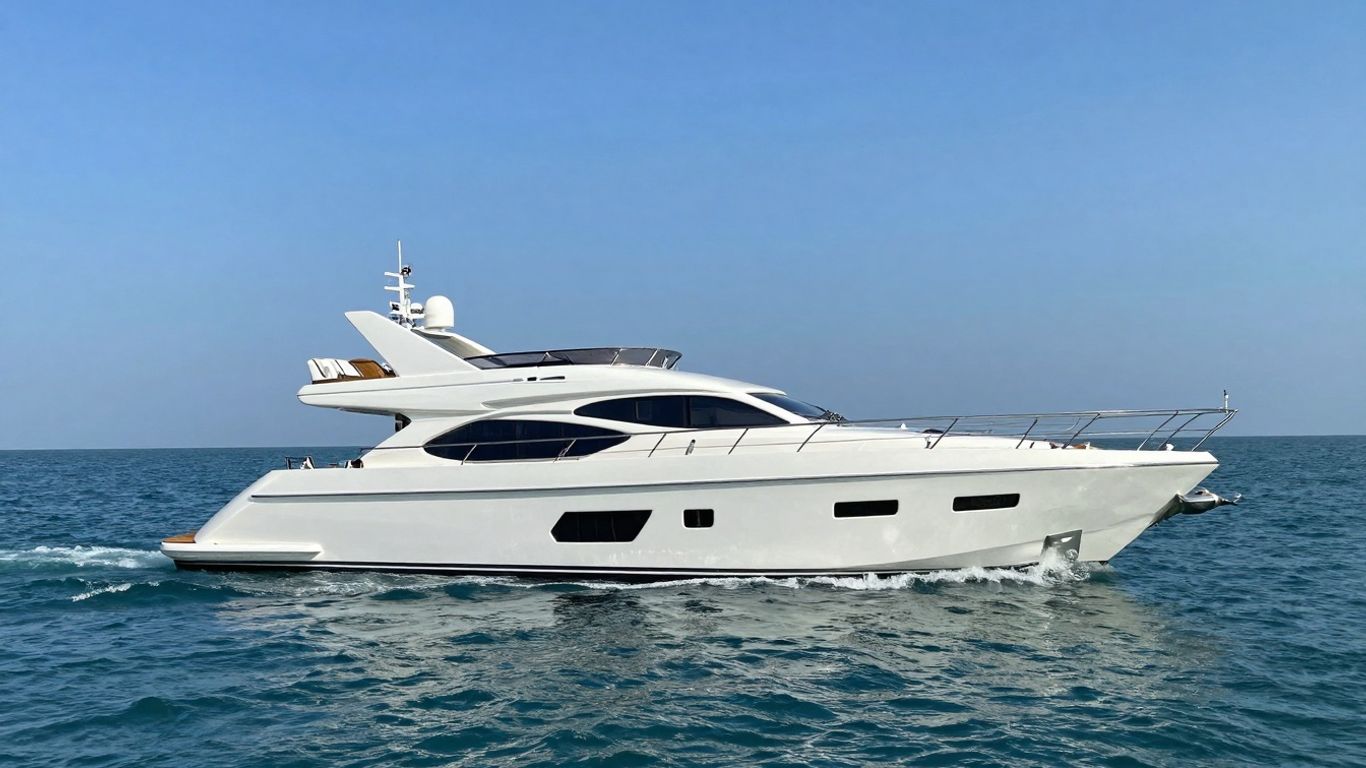 Luxurious 60-foot yacht sailing on a calm sea.