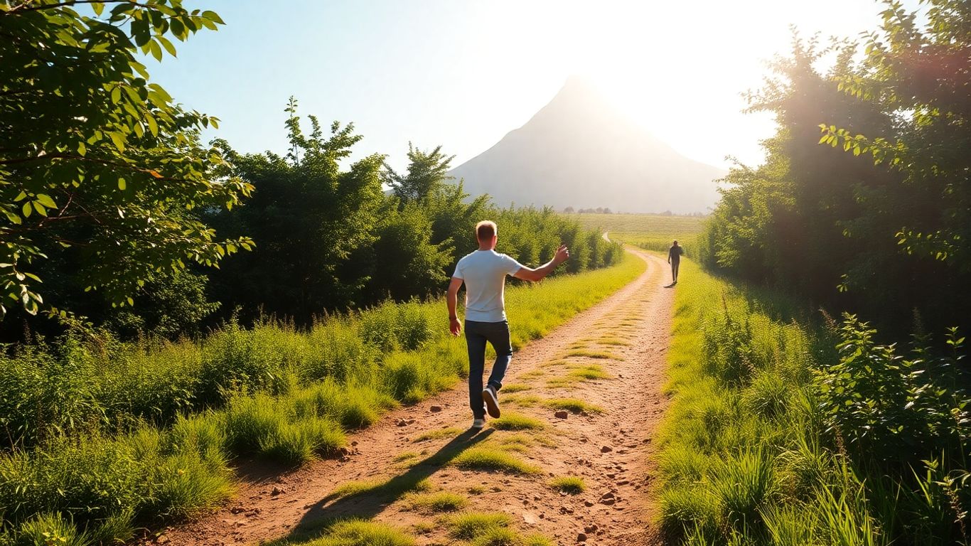 Person walking towards a mountain peak.