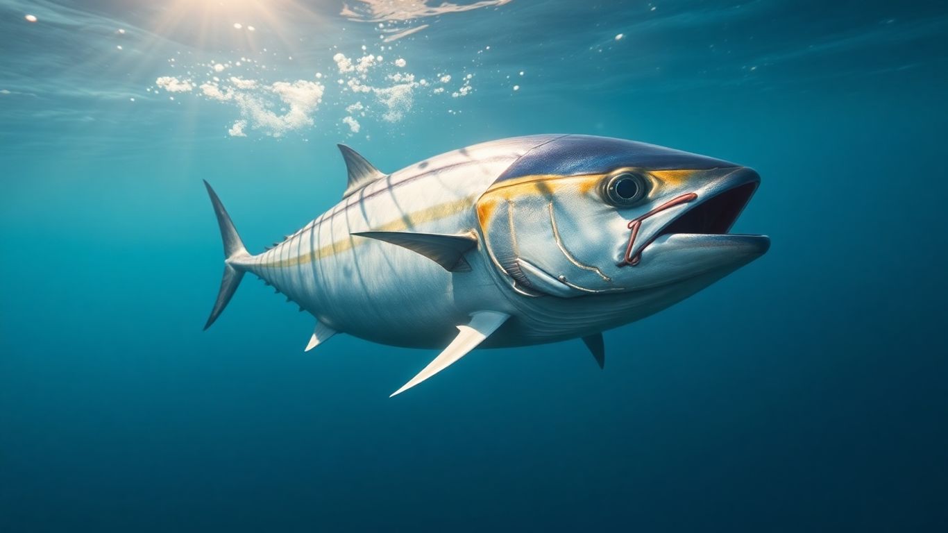 Atum nadando em águas azuis claras.