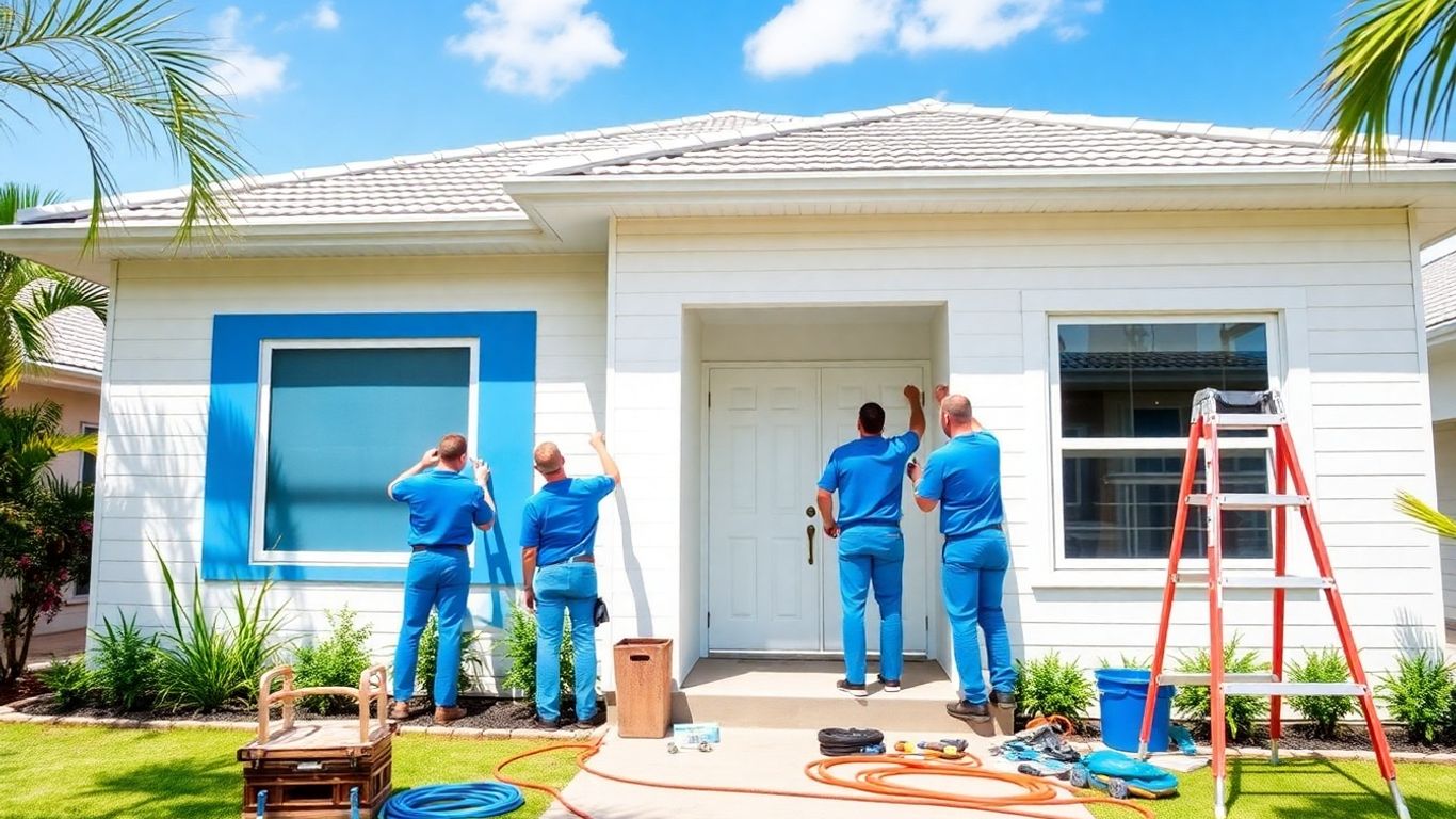 Professional painters working on a house exterior.