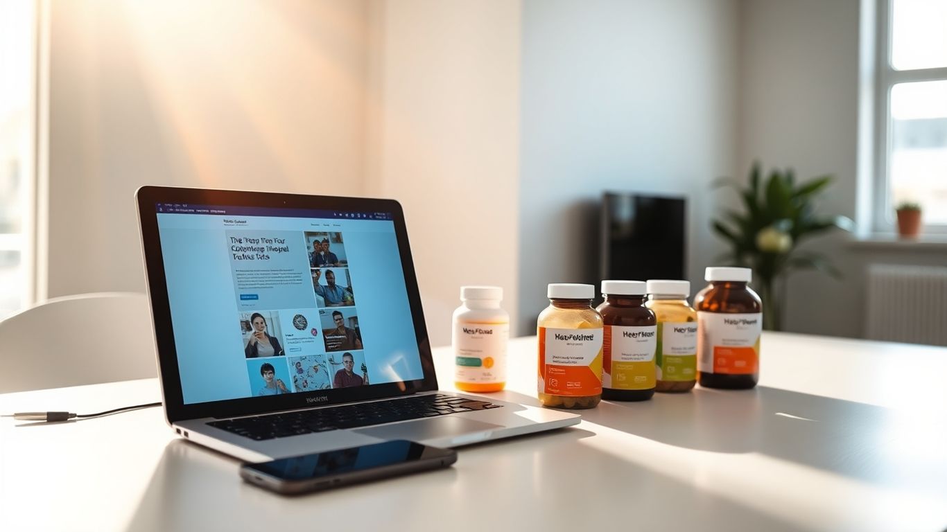 Supplement dropshipping business setup with bottles and laptop.