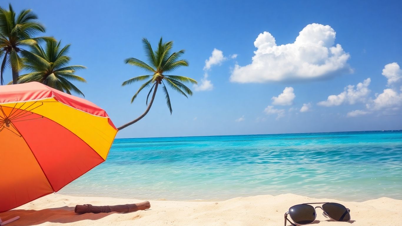 Słoneczna plaża z turkusową wodą i złotym piaskiem.