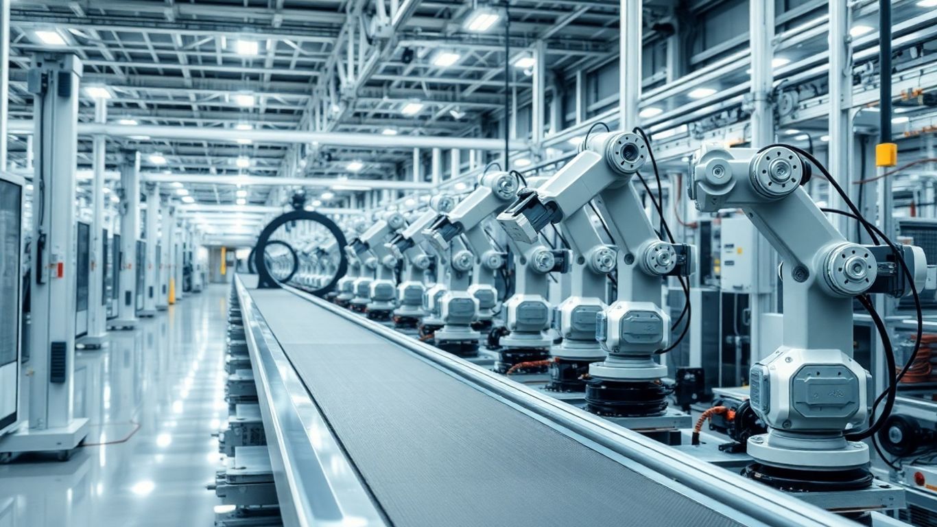 Moderne Fabrikhalle mit Roboterarmen