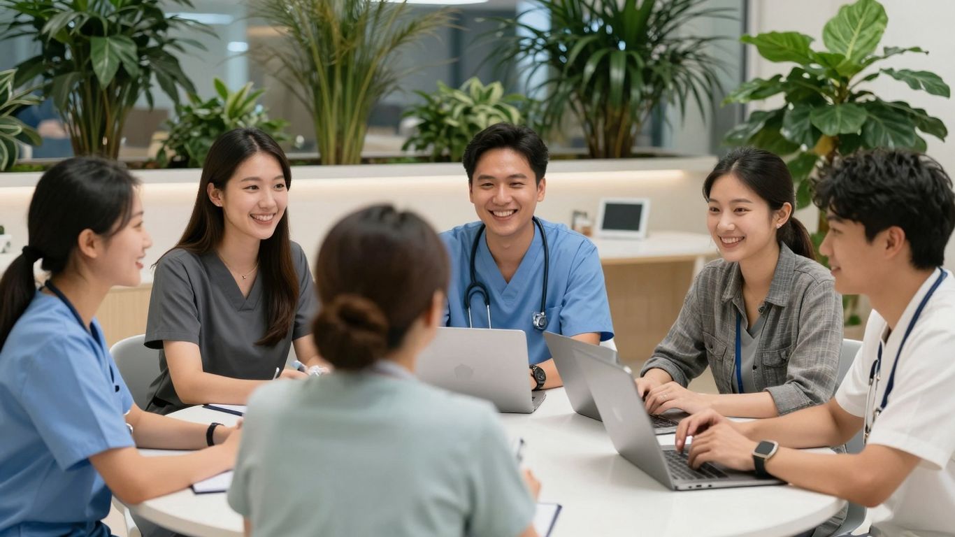 Clinic interior with happy patients and plants.