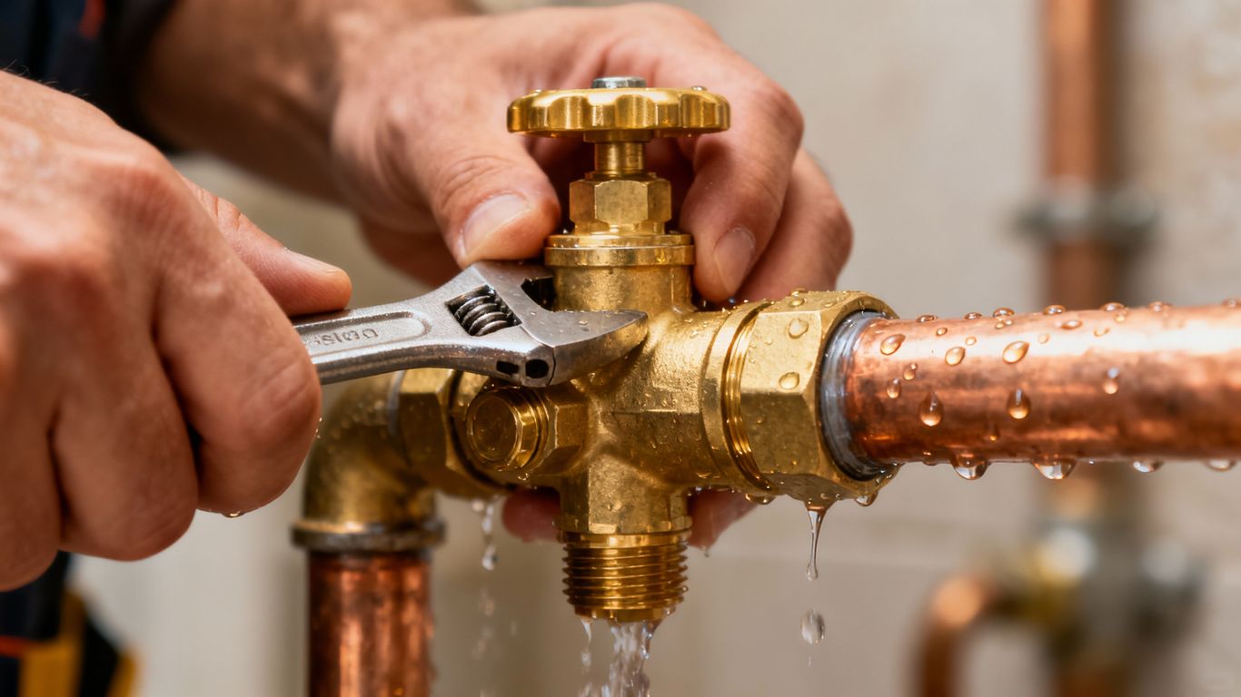 Plumber adjusting a water pressure regulator valve on a pipe.