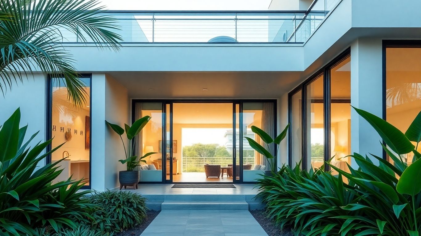 Fachada de casa de praia moderna com iluminação e ventilação.
