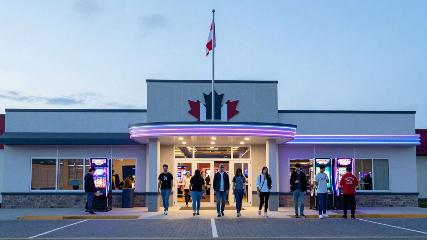 Canadian casino entrance with young adults entering at dusk.
