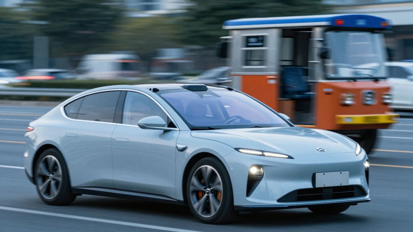 Electric car passing a gasoline car, symbolizing transition.