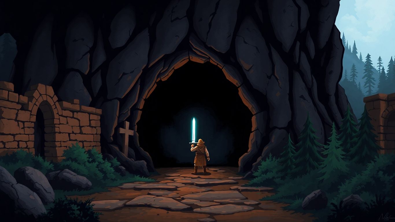 Adventurer with glowing sword before dark cave entrance.