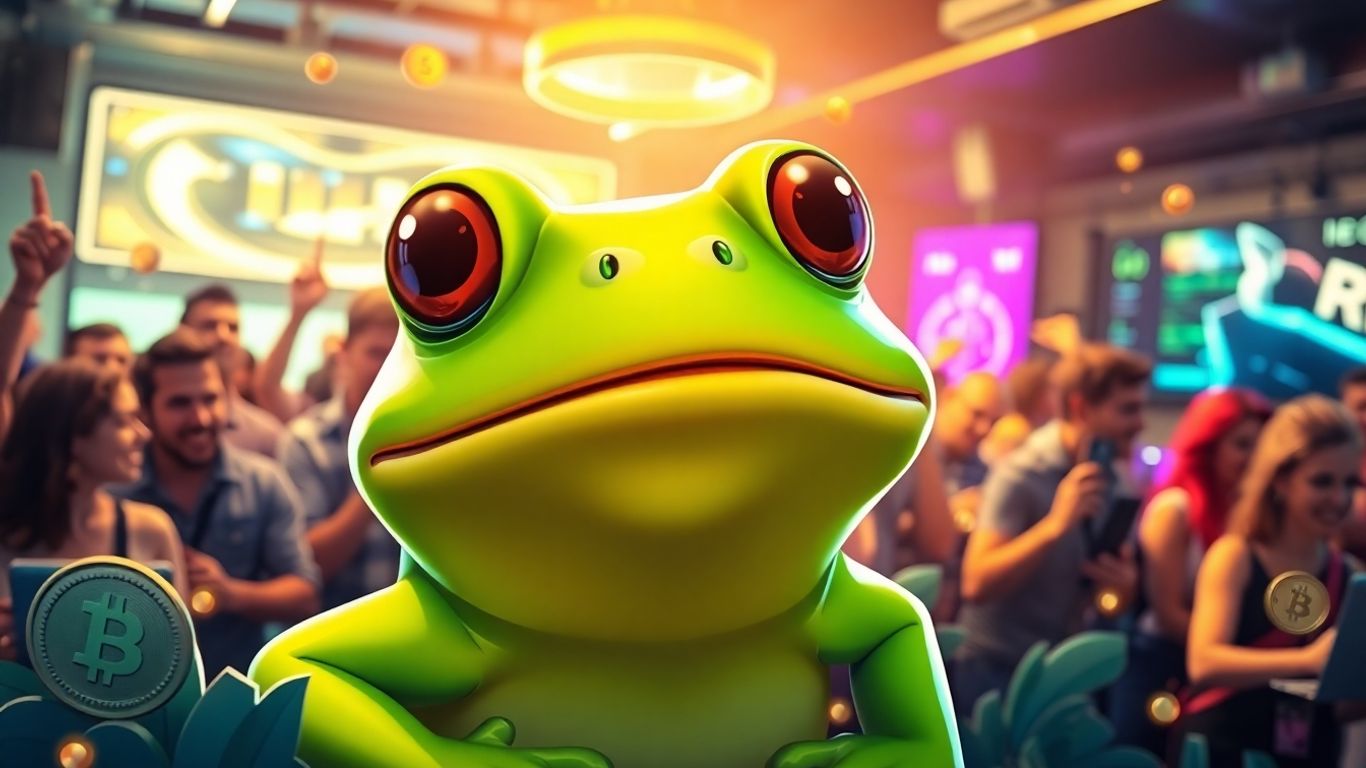 Meme frog with digital coins and crypto technology