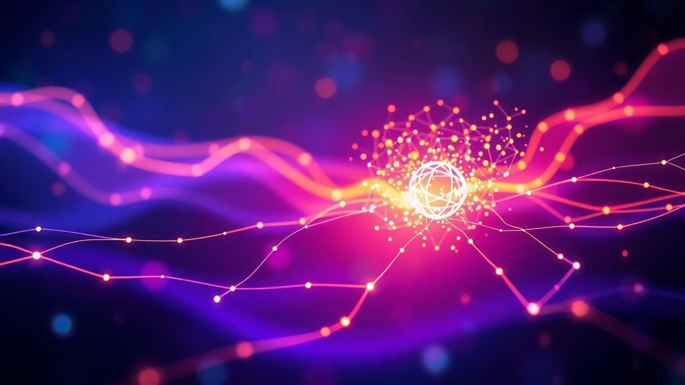 Glowing digital connections and abstract shapes.