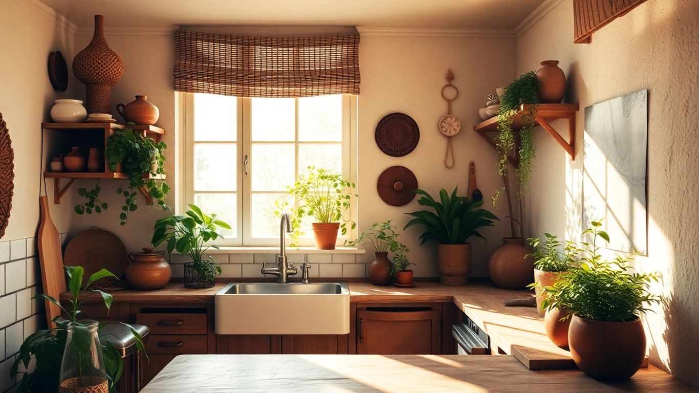Cozinha boho com elementos naturais e luz suave.