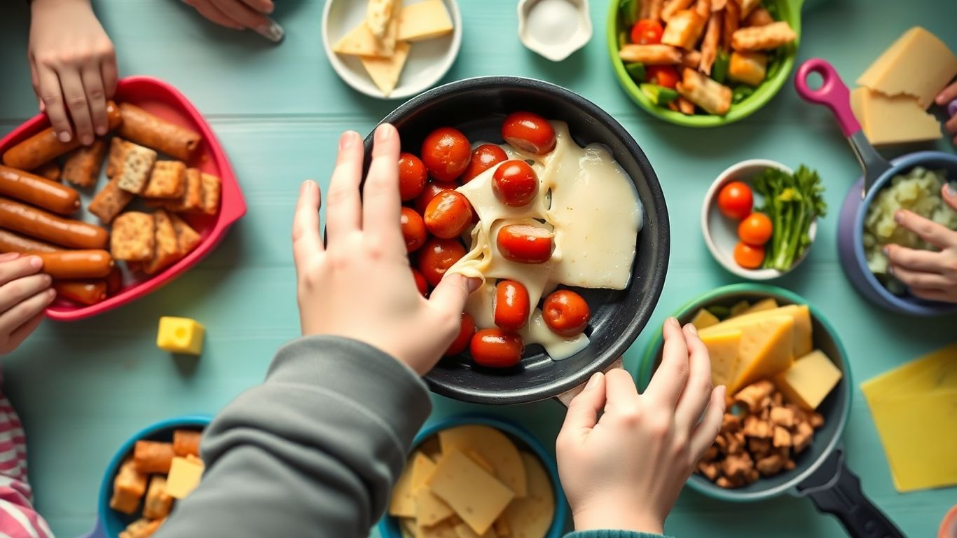 Kinder genießen Raclette mit bunten Zutaten in Pfännchen.
