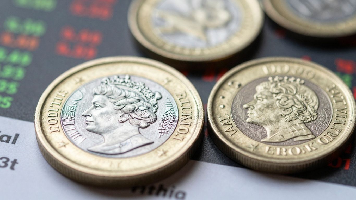 British pound and Australian dollar coins, financial market.