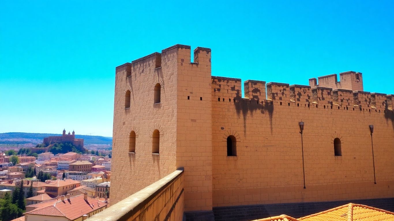 Ancient stone fortress overlooking Toledo cityscape under a blue sky.