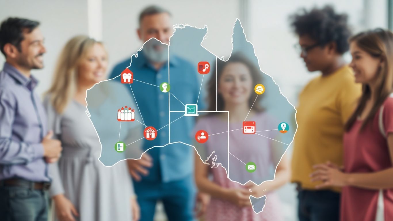Australian community services map with icons and people.