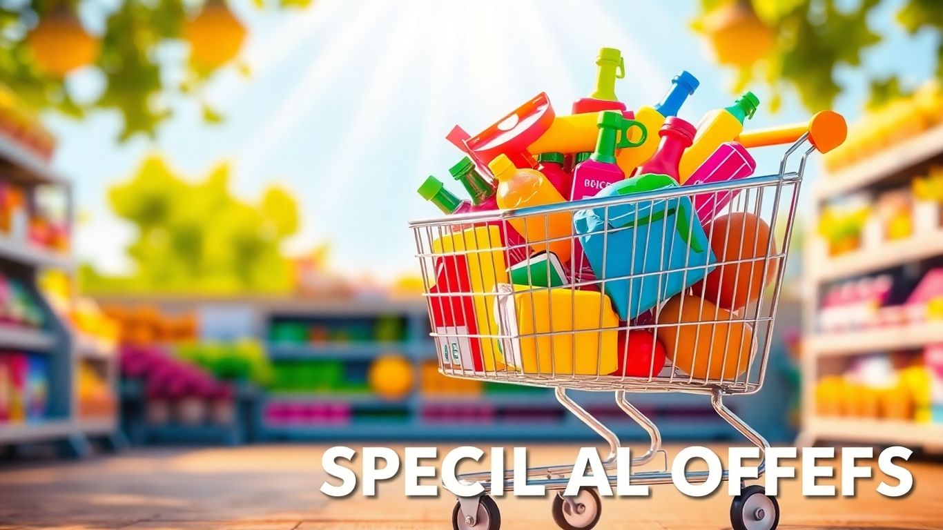 Tesco shopping cart filled with colorful groceries.