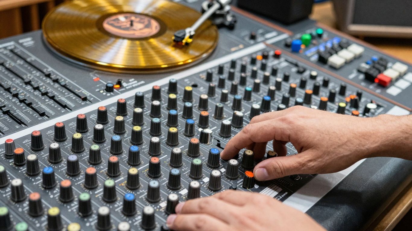 Producer's hands on mixing board with golden vinyl record.