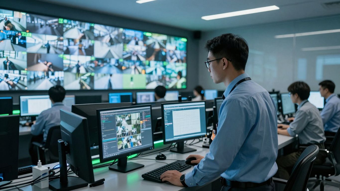 Advanced security technology with monitors and personnel.