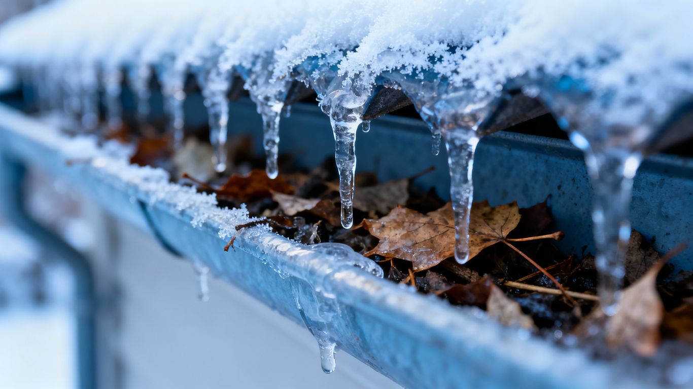 Icicles hanging from clogged gutters with fallen leaves.