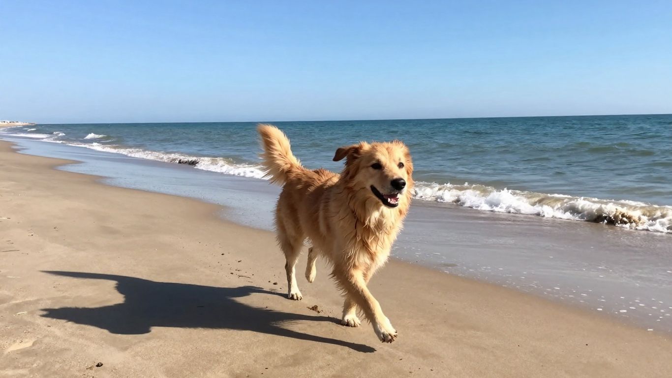 Hond rent op het strand van Oostende met de zee.