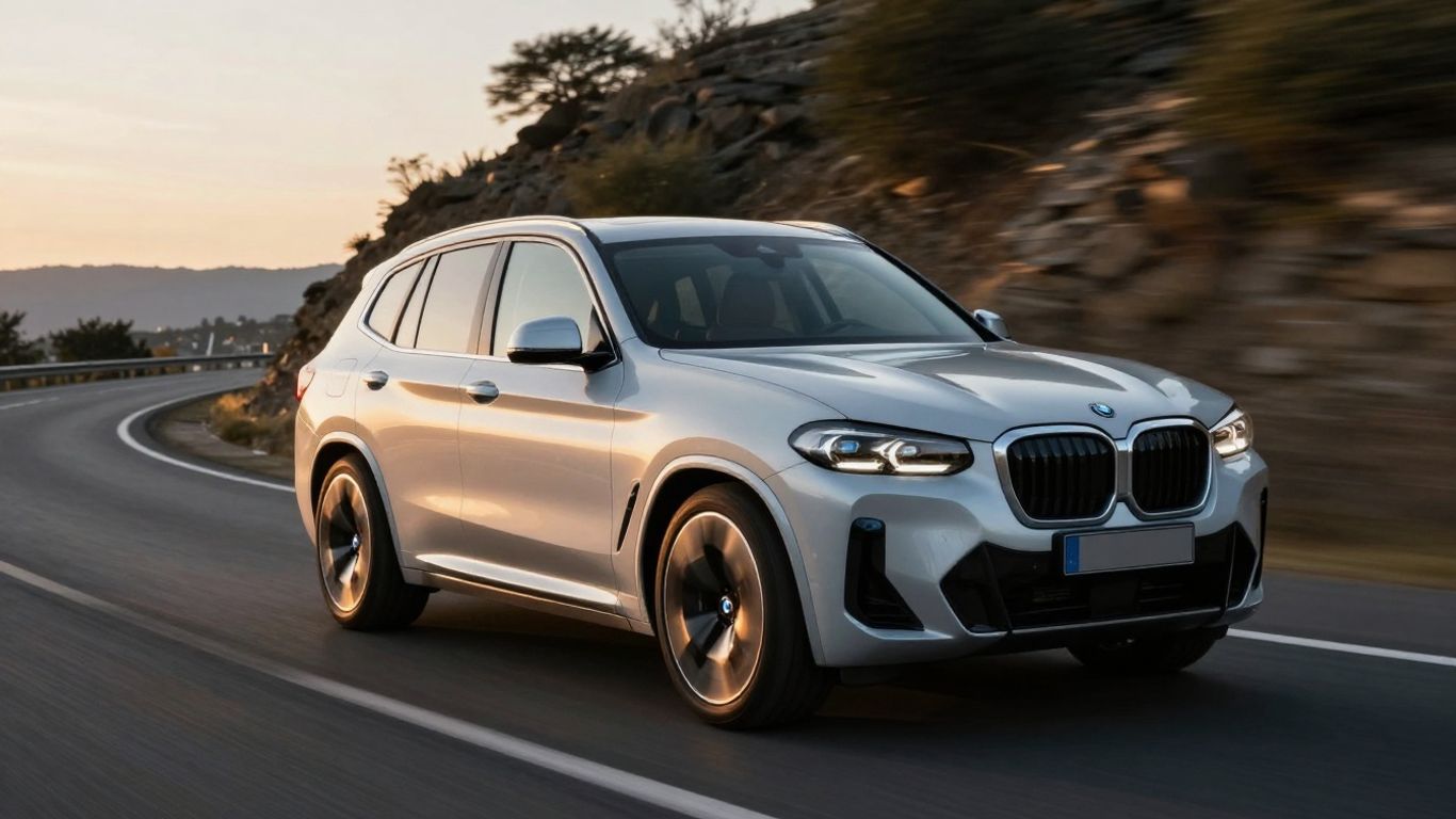 BMW iX3 electric SUV on a scenic road.