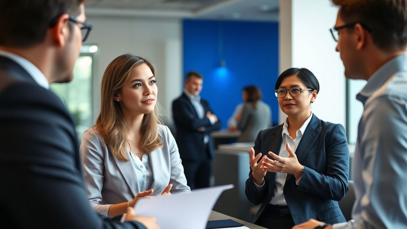 Menschen in einem professionellen Umfeld mit blauen Akzenten.