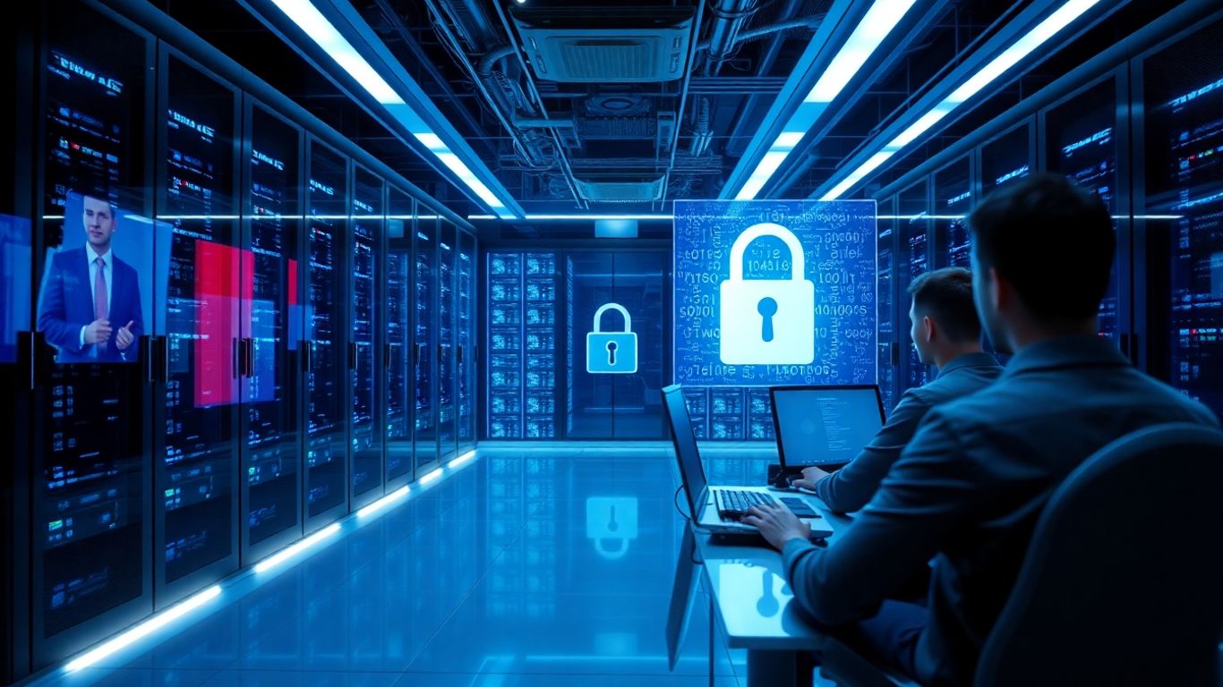 Cybersecurity team in futuristic server room with lock icon