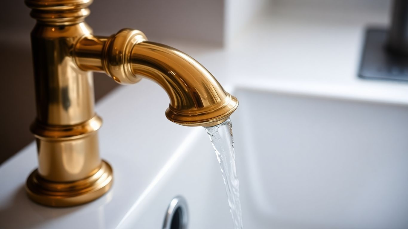 Elegant brass kitchen tap with flowing water.