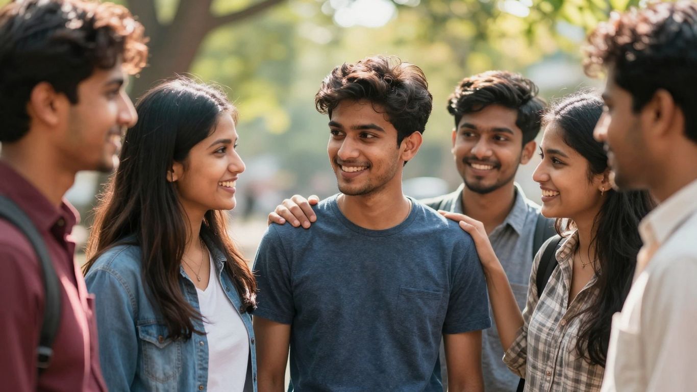 Young people connecting outdoors, supporting each other's well-being.