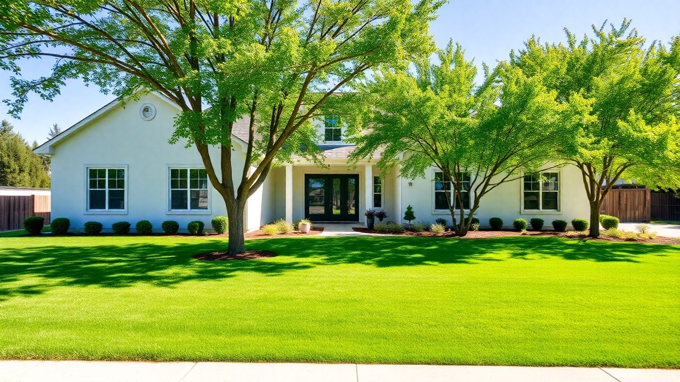 Renovated house exterior with green lawn and trees.