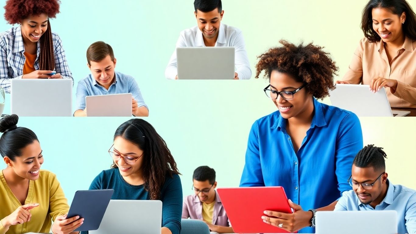 Personas aprendiendo en entornos virtuales y presenciales.