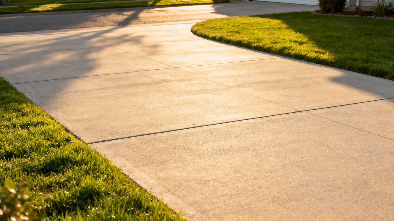 Smooth concrete driveway with green grass border.