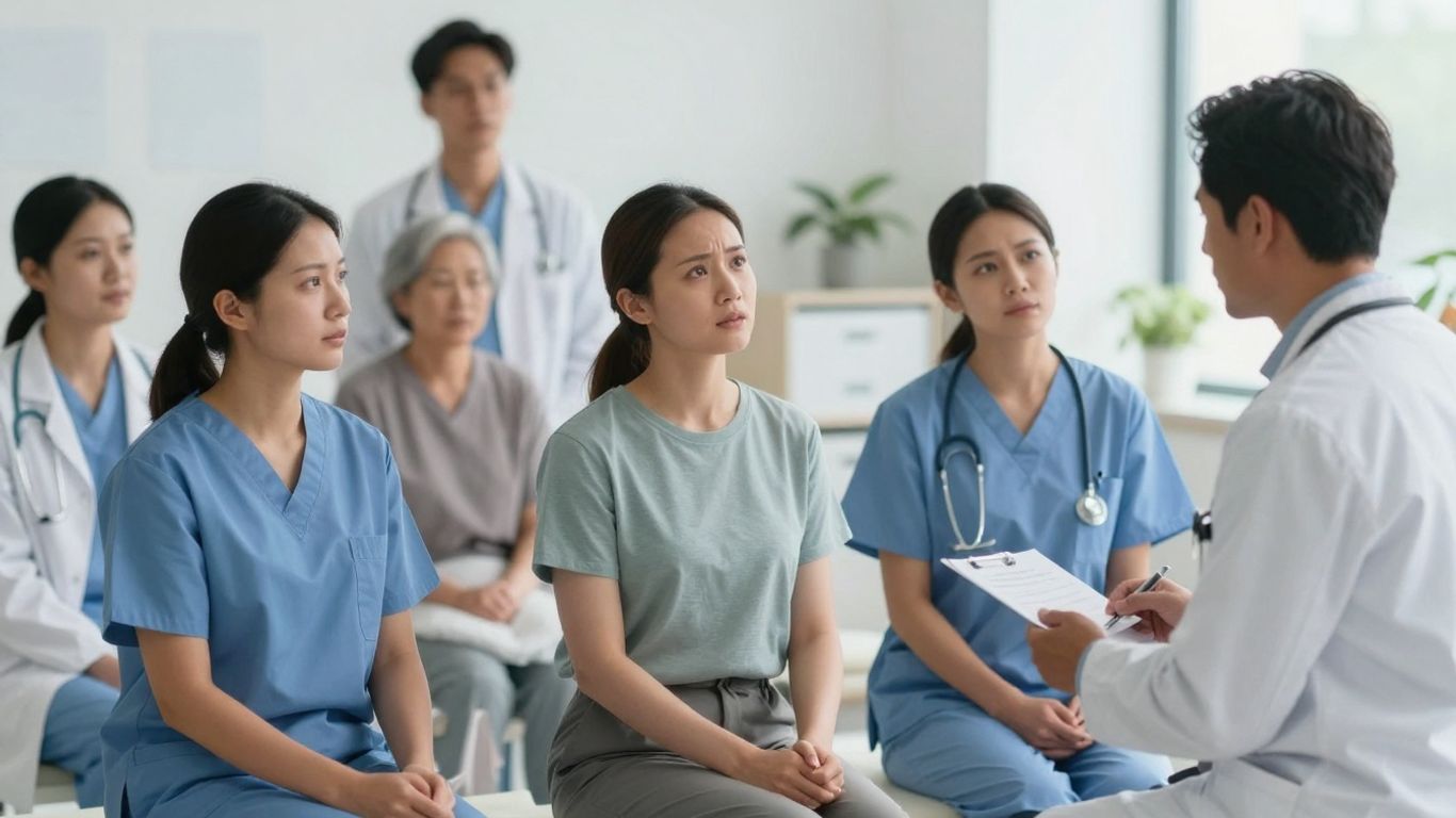 Diverse people receiving healthcare, some concerned, some cared for.