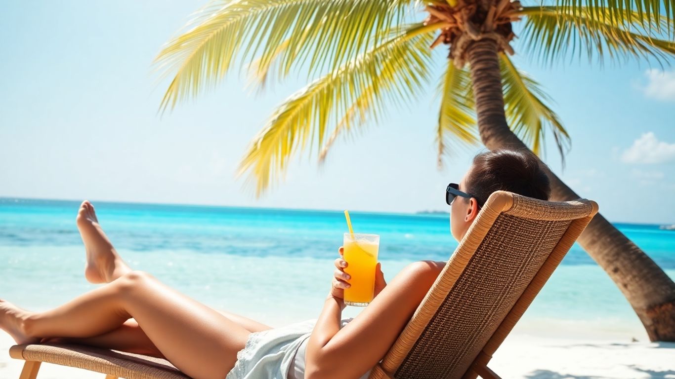 Słoneczna plaża z palmami i turkusową wodą.