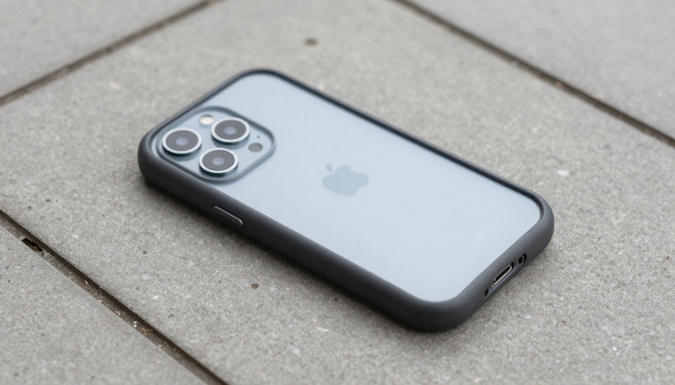 A generic smartphone in a protective case lying on a tiled outdoor surface