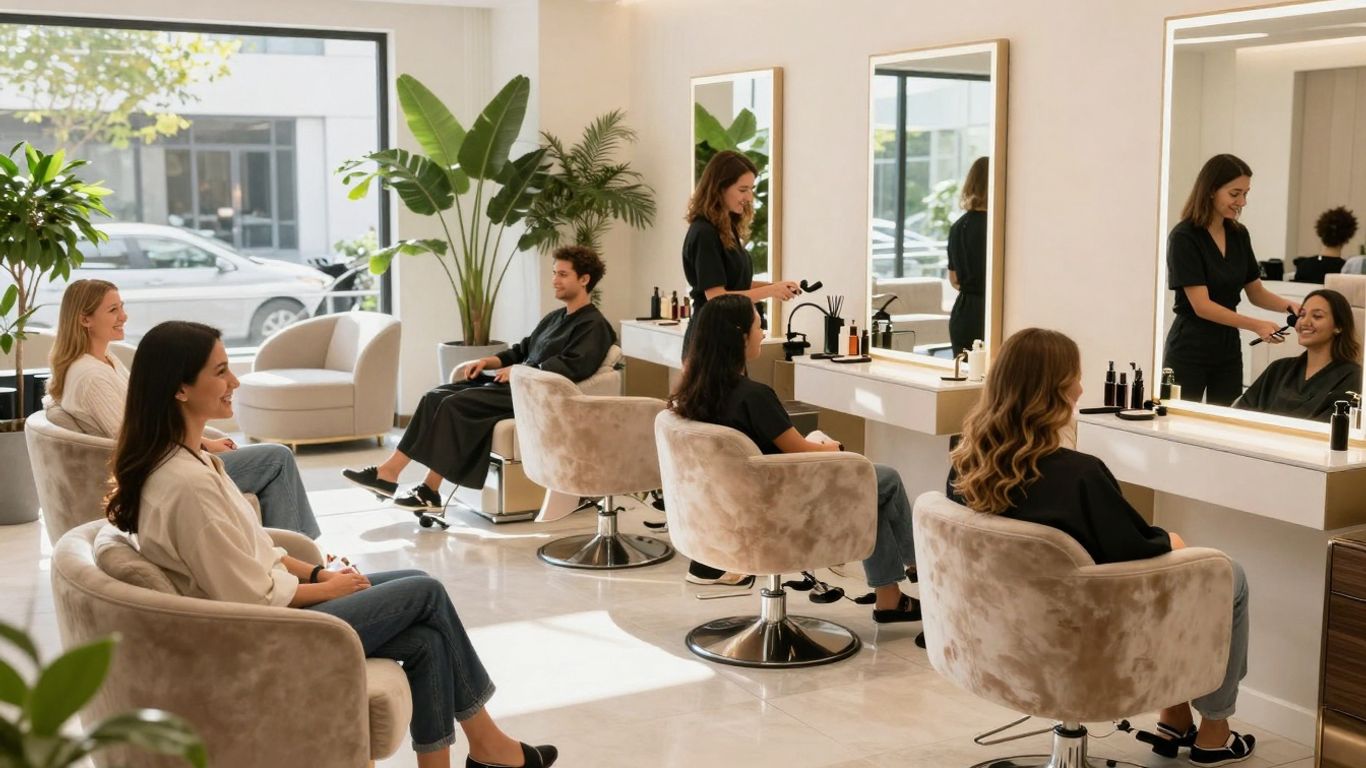 Happy clients enjoying treatments in a luxurious salon.