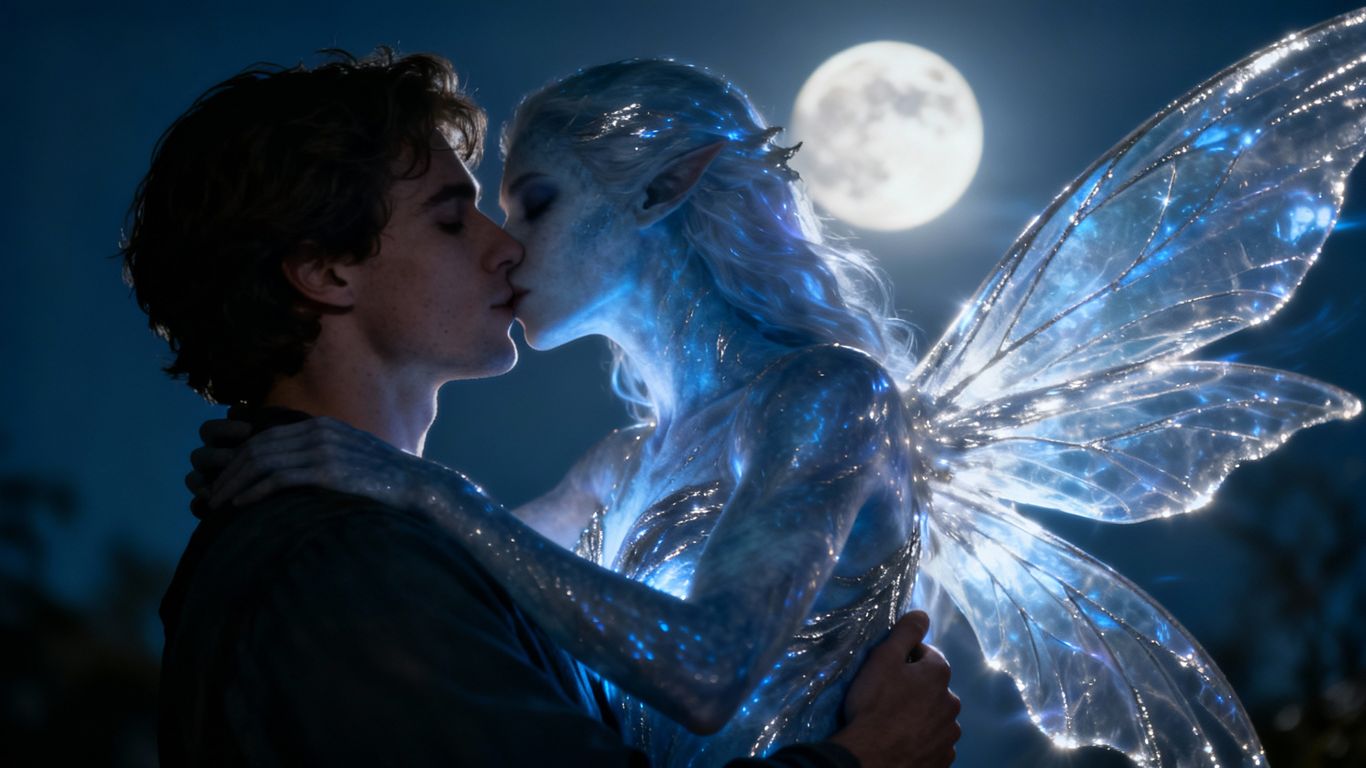 Supernatural romance embrace under moonlight.