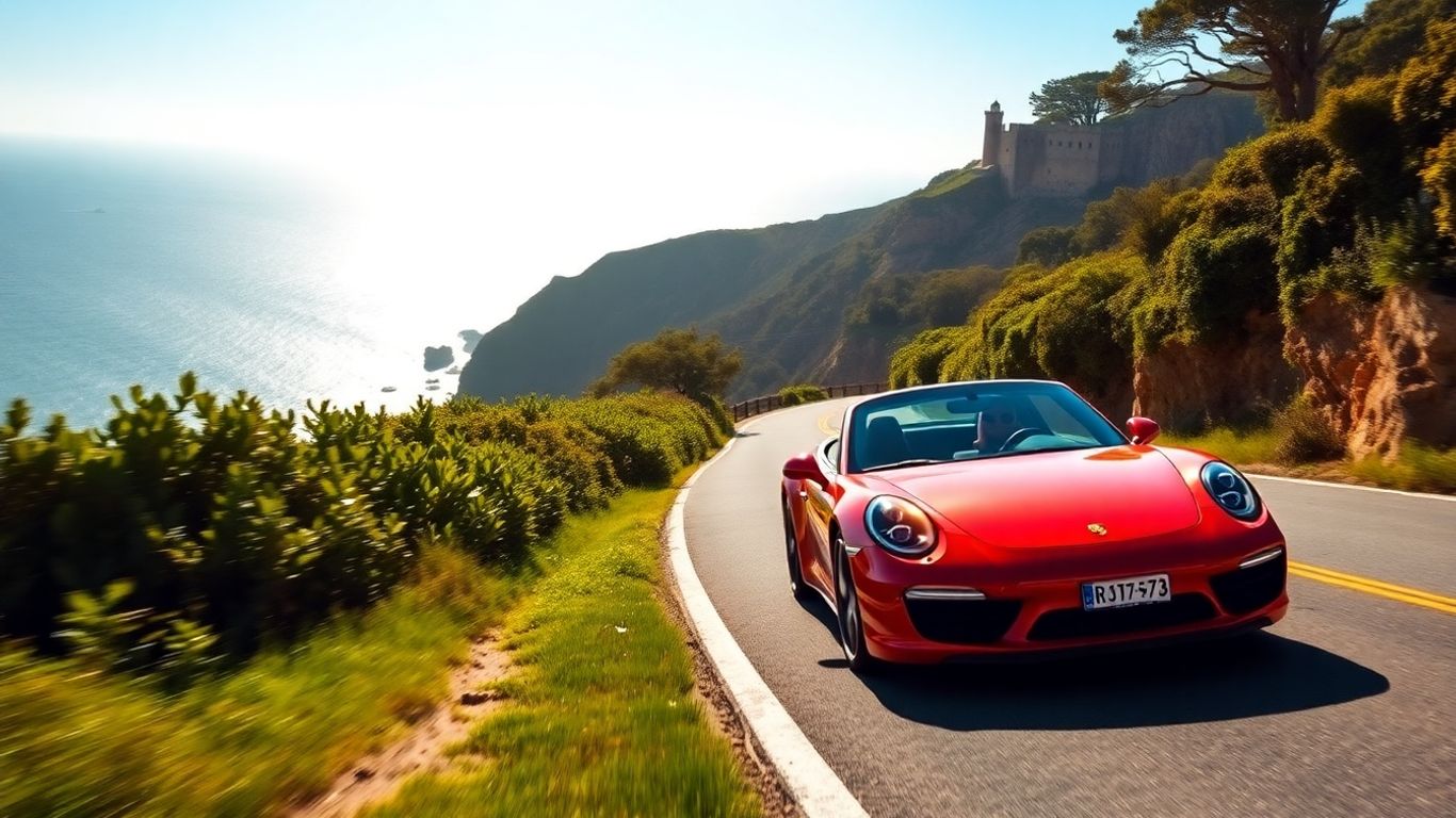 Porsche sports car on a sunny coastal road.