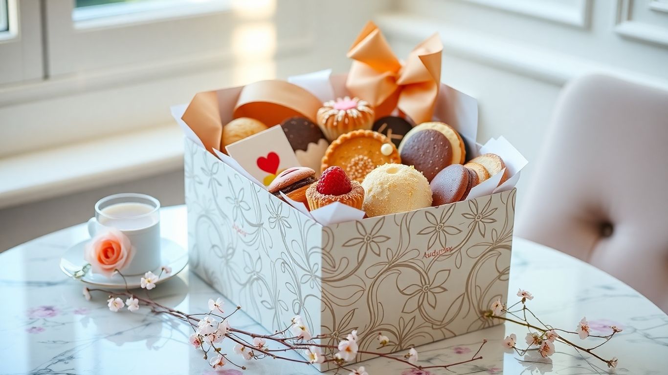 กล่องขนม Audrey พรีเมียมพร้อมขนมนานาชนิดบนโต๊ะหรู